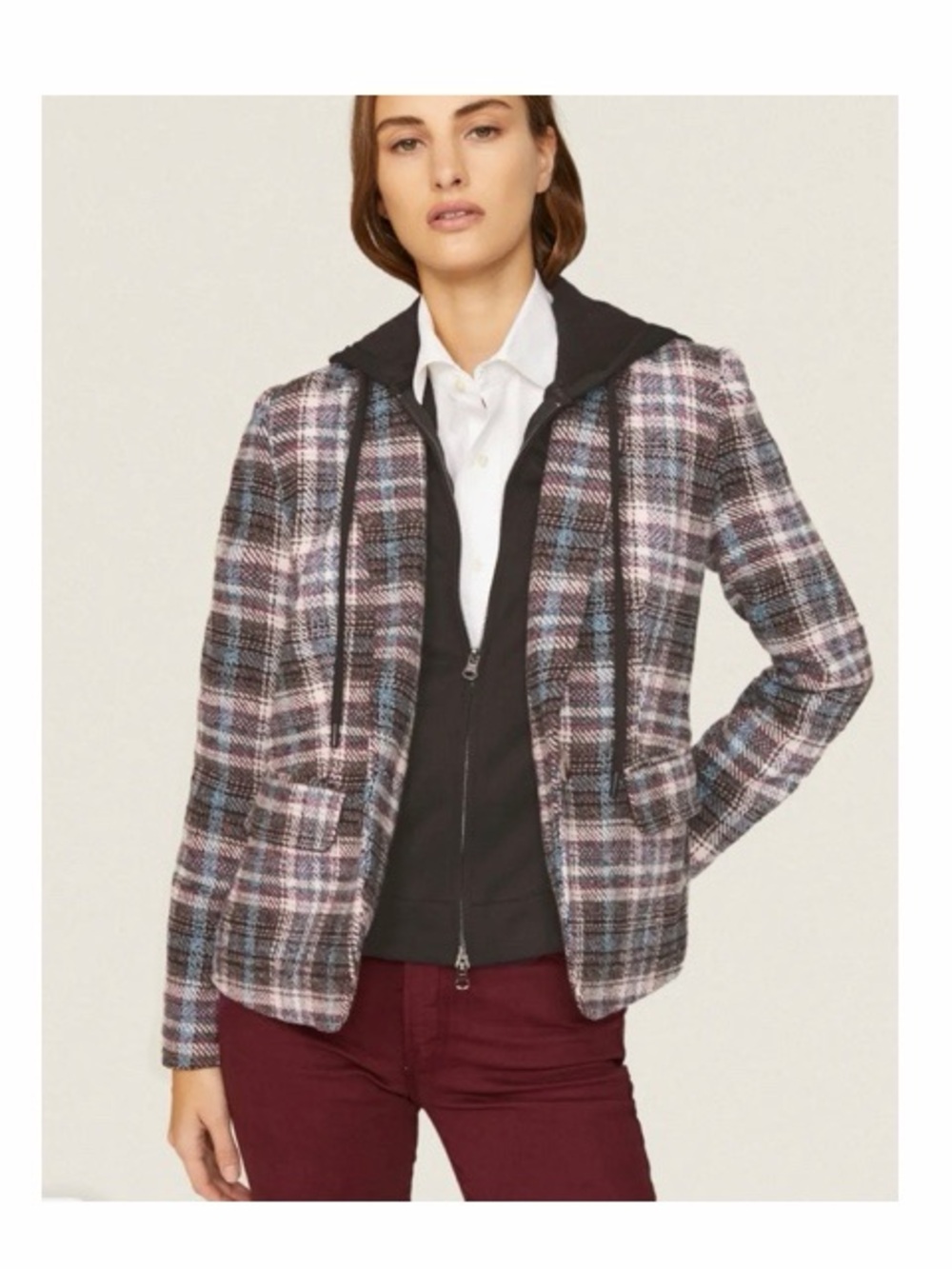 Central Park West Monte Plaid Dickie Hooded Blazer